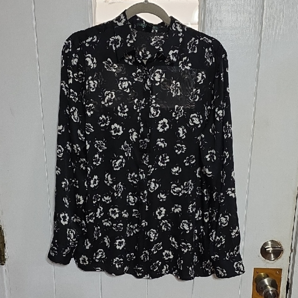 Lauren Ralph Lauren Womens Blouse Black White Floral Button Up Lightweight Sz L